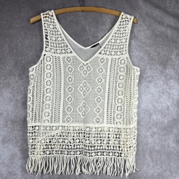 Vtg Y2K Crochet Fringe Tank Top Med Sleeveless V Neck Bohemian Festival Coquette - Picture 1 of 8